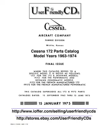 1963-1974 Cessna 172-D, F-172-D, 172-E, F172-E, 172-F, F 172-F, 172-G, F 72-G, 172-H, F 172-H, 172 F, F 172-F, 172-K, F 172-H, 172-K, F 172-H, 172-L, F 172-K, 172-L, F 172-L, 172-M parts catalog