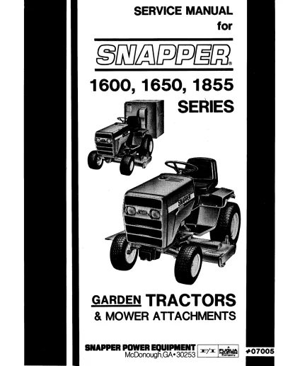 Preview: Snapper 1600 / 1650 / 1855 Garden Tractors & Mower Attachments Service Manual (PN# 07005)