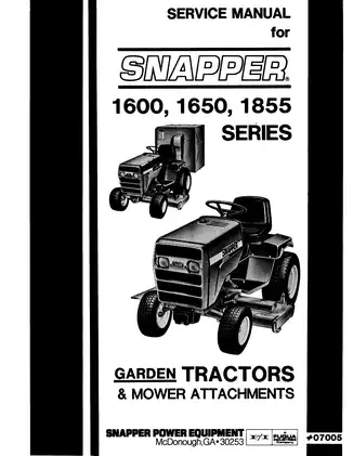 Snapper 1600, 1650, 1855 Garden Tractors & Mower Attachments Service Manual