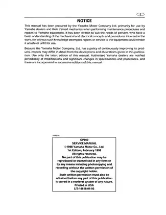 Yamaha GP800 WaveRunner Service Manual | Repair & Maintenance Guide Preview image 2