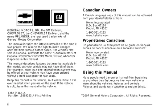 2008 Chevrolet Uplander Owner Manual - Comprehensive Guide to Safety and Features Preview image 2