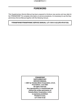 Yamaha YFM400FWNP Supplementary Service Manual (2001) Preview image 2