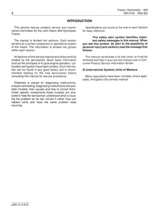 John Deere 400 Hydrostatic Tractor Service Manual (SM-2103) - Comprehensive Guide for Maintenance and Repairs Preview image 4