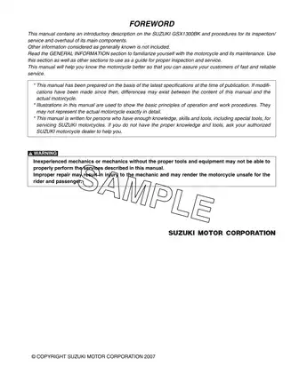 Suzuki GSX1300BK Service Manual 2008 - Comprehensive Motorcycle Repair Guide Preview image 2