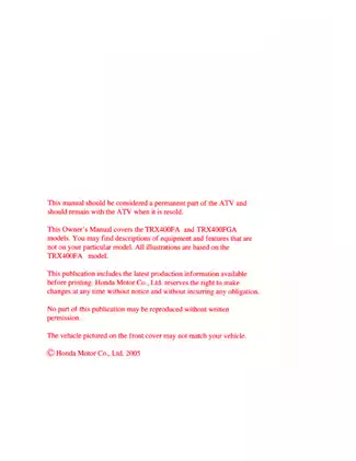 Honda TRX400FA/FGA FourTrax Rancher ATV Owner's Manual - Complete Guide for Safe Operating and Maintenance Preview image 2
