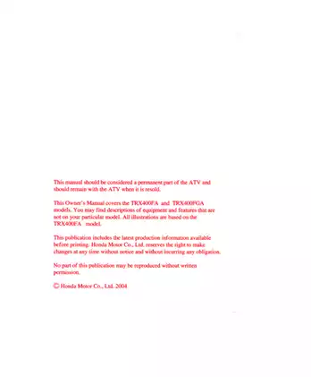 Honda TRX400FA/FGA FourTrax Rancher Owner’s Manual (2004-2005) Preview image 2