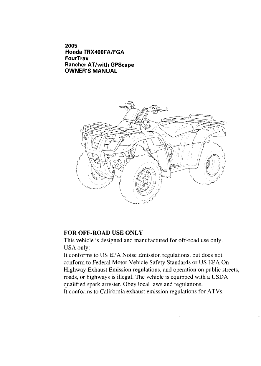 2005 Honda TRX400FA Rancher ATV owners manual Preview image 3