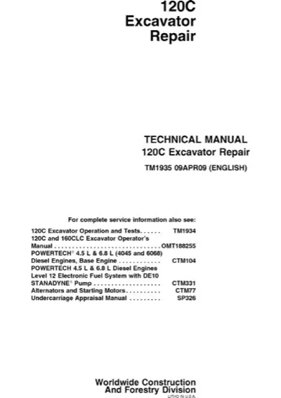 Preview: John Deere 120C & 120C LC Excavator Repair Technical Manual 2002–2005 (P/N TM1935)