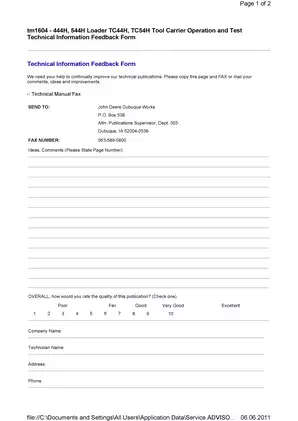 John Deere TM1604 - 444H & 544H Loader TC44H, TC54H Tool Carrier Manual Preview image 2