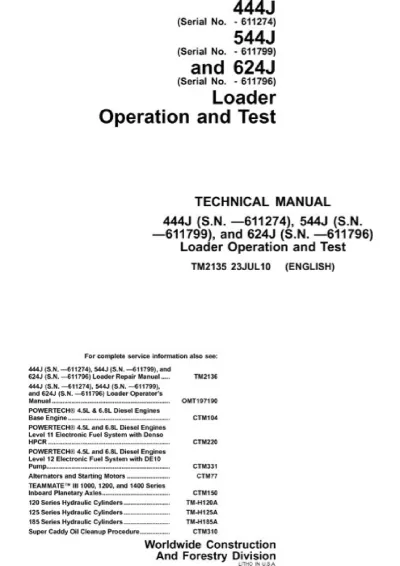 Preview: 2010 John Deere 444J, 544J, 624J Loader Operation and Tests Manual (TM2135)