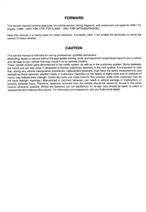 Isuzu Commercial Truck Forward Service Manual (1998-2001) for 6HK1-TC Engine Preview image 2