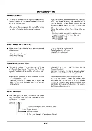 Hitachi EX200-5, EX200LC-5, EX220-5, EX220LC-5, EX230LC-5, EX270-5, EX270LC-5 hydraulic excavator manual Preview image 1