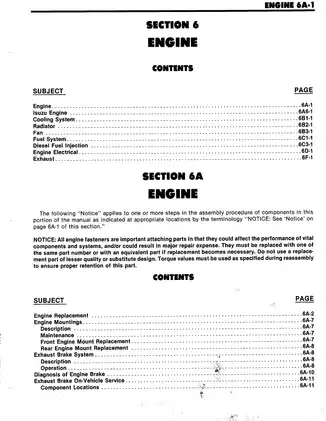 Isuzu Medium Duty Truck Service Manual - Engine Section 6A-1 (1988) Preview image 3