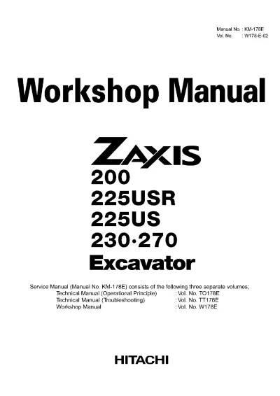 Preview: Hitachi ZAXIS 200, 225USR, 225US, 230 & 270 Excavator 2001–2006 Workshop Manual (P/N W178-E-02)