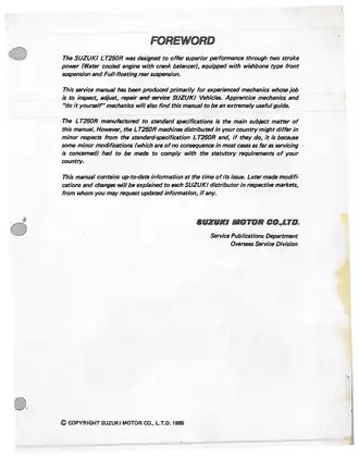 Suzuki LT250R ('86 Model) Service Manual - Comprehensive Guide for Mechanics manual page 4 preview Suzuki Suzuki LT250R ('86 Model) Service Manual - Comprehensive Guide for Mechanics manual preview page 4 - thumbnail