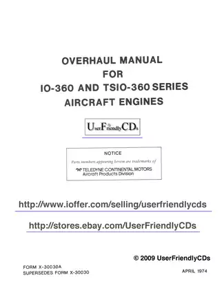 Continental IO-360-A, IO-360-B, IO-360-C, IO-360-D, TSIO-360-A, TSIO-360-B, TSIO-360-C, TSIO-360-D aircraft engine overhaul manual Preview image 1