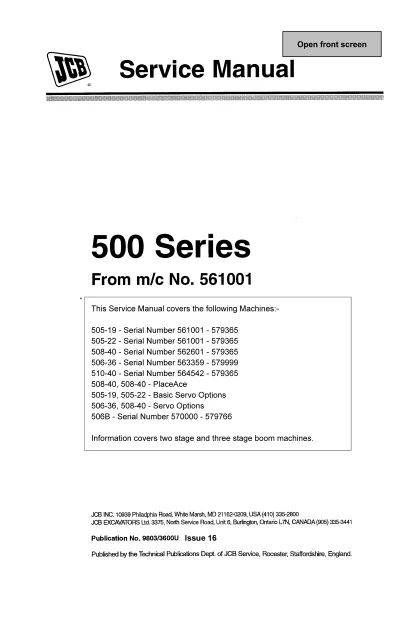 Preview: 1997–2003 JCB 505-19; 505-22, 506-36, 506B, 508-40, 510-40 Telescopic Handler Service Manual (P/N 9803/3600U)