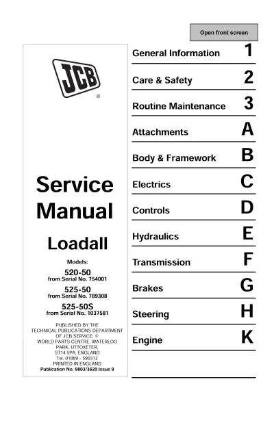 Preview: Telehandler JCB 520-50, 525-50, 525-50S Loadall Telehandler Service Manual (P/N 9803/3620)