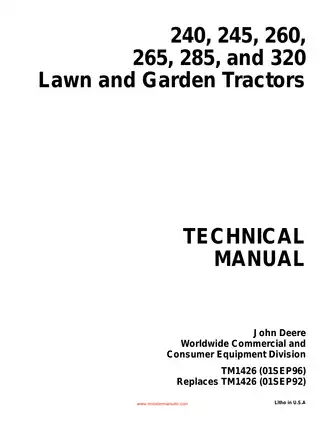 John Deere 240, 245, 260, 285, 320 garden tractor technical manual