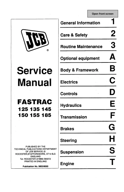 Preview: JCB 125, 135, 145, 150, 155, 185 Fastrac Service Manual (P/N 9803/8000)