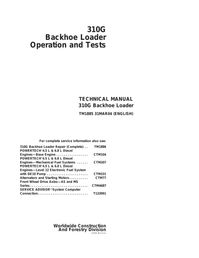 John Deere 310G Backhoe Loader 1998–2004 Operation and Tests Technical Manual (P/N TM1885)
