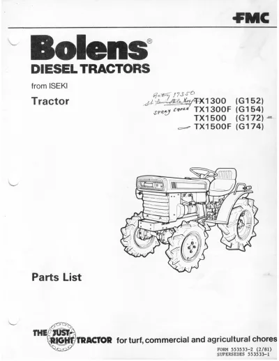 Preview: 1978–1981 Bolens Iseki G152, G154, G172, G174, TX1300, TX1300F, TX1500, TX1500F Diesel Tractor Parts List Manual (P/N 553533-1, 553533-2)