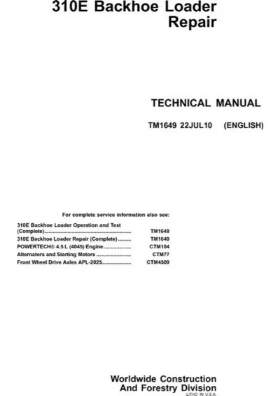 John Deere 310E Backhoe Loader Factory Workshop Manual (P/N TM1649)