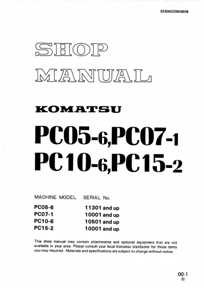 Preview: Komatsu PC05-6, PC07-1, PC10-6, PC15-2 Shop Manual (P/N 020M0604)
