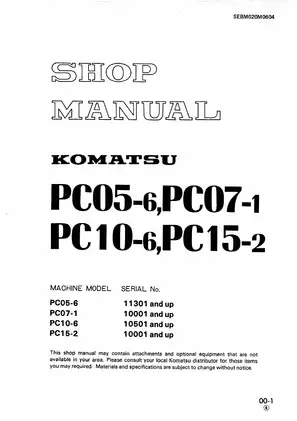 Komatsu PC05-6, PC07-1, PC10-6, PC15-2 excavator shop manual Preview image 1