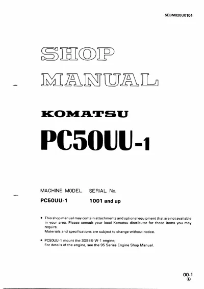 Preview: Komatsu PC50UU-1 Mini Excavator Shop Manual (P/N SEBM020U0104)