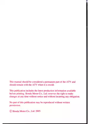 Honda TRX250EX Sportrax Owner's Manual - Comprehensive Guide for 2005 Model Preview image 2
