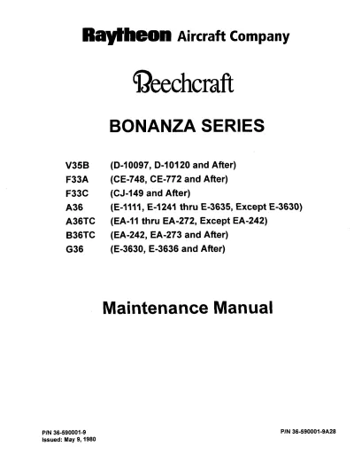 Preview: 1980–2005 Beechcraft Bonanza V35B, F33A, F33C, A36, G36, A36TC, B36TC, B33 Maintenance Manual (P/N 36-590001-9)