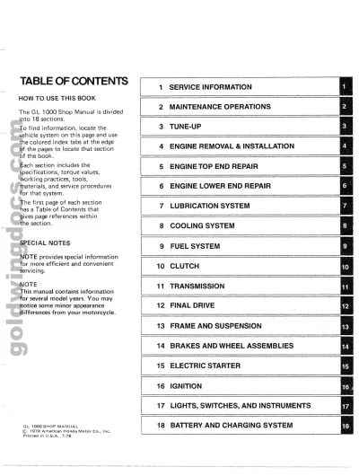 Preview: Honda Gold Wing GL1000 1976–1979 Shop Manual (P/N 6137103)