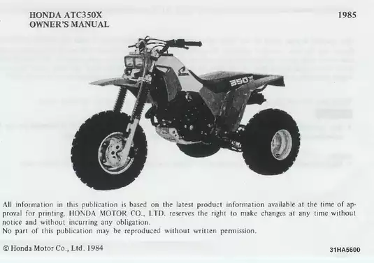1985-1986 Honda ATC350X ATV owners manual Preview image 2