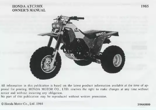 1985-1986 Honda ATC350X ATV owner´s manual Preview image 2