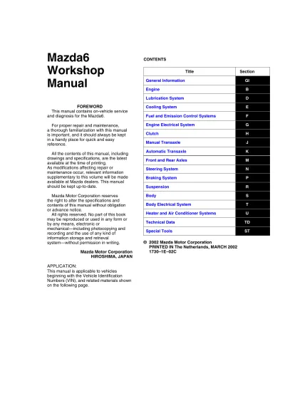 Preview: 2002–2004 Mazda 6 Workshop Manual (P/N 1730-1E-02C)
