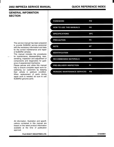 Preview: 2002 Subaru Impreza TS, RS, WRX Factory Service & Repair Manual  (P/N G1830BE1, G1830BE7)