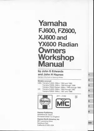 1984-1992 Yamaha FJ, FZ, XJ, YX600 Radian owners workshop manual Preview image 2