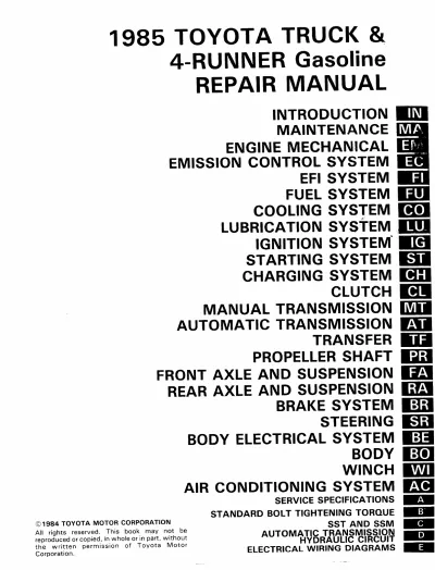 Preview: 1985 Toyota Truck & 4Runner (22R and 22R-E engine) Repair Manual (P/N 36246A)