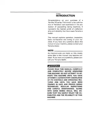 Yamaha YZ Series Maintenance and Service Manual Preview image 2