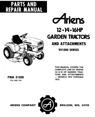 Preview: 1974–1975 Ariens Garden Tractors 931001/931002/931003, 831001/831002/831003 Workshop Manual (P/N PRM 31000)