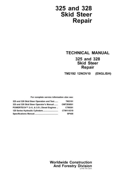 John Deere 325 & 328 Skid Steer Repair Manual (P/N TM2192)