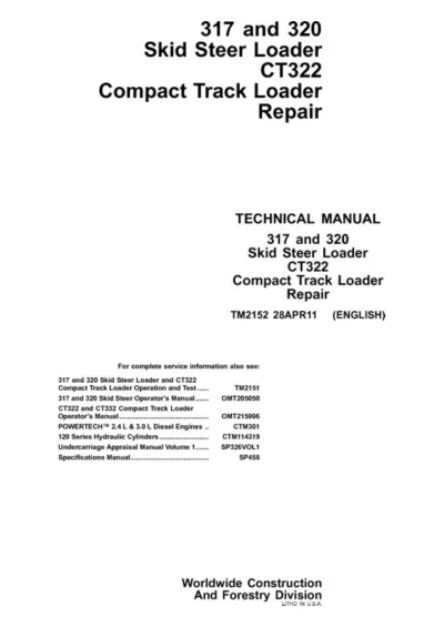 John Deere 317 / 320 / CT322 Skid Steer Loader Service Manual (TM2152)