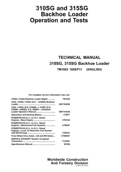 John Deere 310SG, 315SG, 310G, 410G & 710G Backhoe Loader 2000–2011 Operation and Tests Technical Manual (P/N TM1883)