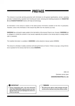 CK25/27/30/35 Tractor Workshop Manual - Comprehensive Mechanic Guide for DAEDONG Models Preview image 3