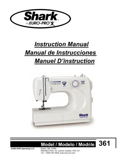 Preview: Shark EURO-PRO X 361 Sewing Machine Owner's Manual (P/N Rev. 06/06B)
