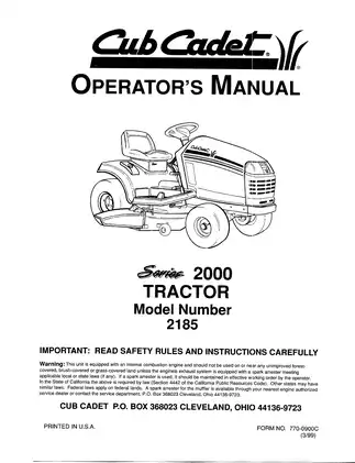 1994-1999 MTD Cub Cadet™ 2130, 2135, 2140, 2145, 2160, 2165, 2185 lawn tractor 190-300, 190-301, 190-314, 190-315, 190-302, 190-303 and 190-304 mower deck operator´s manual