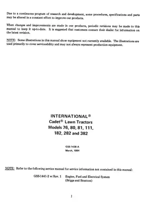 International Cadet Lawn Tractors Service Manual (Models 76, 80, 81, 111, 182, 282, 382) [1984] Preview image 3