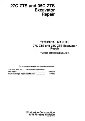 John Deere 27C ZTS & 35C ZTS Excavator Technical Service Manual - TM2053 Preview image 1