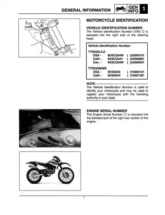 2000 Yamaha TTR225L M, XT225-C  entry-level trail bike service manual Preview image 5